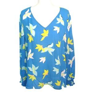 Worthington Women's Long Sleeve Blue Floral Print Shirt Size XXL
